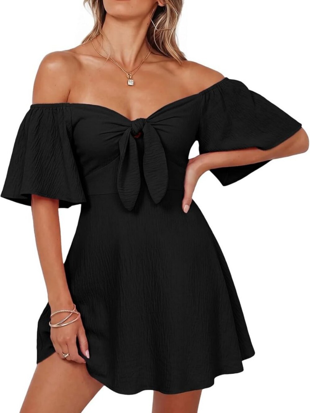 Elegant Deep V Neck Mini Dress with Bow Tie - Sizes S-XL, Perfect for Any